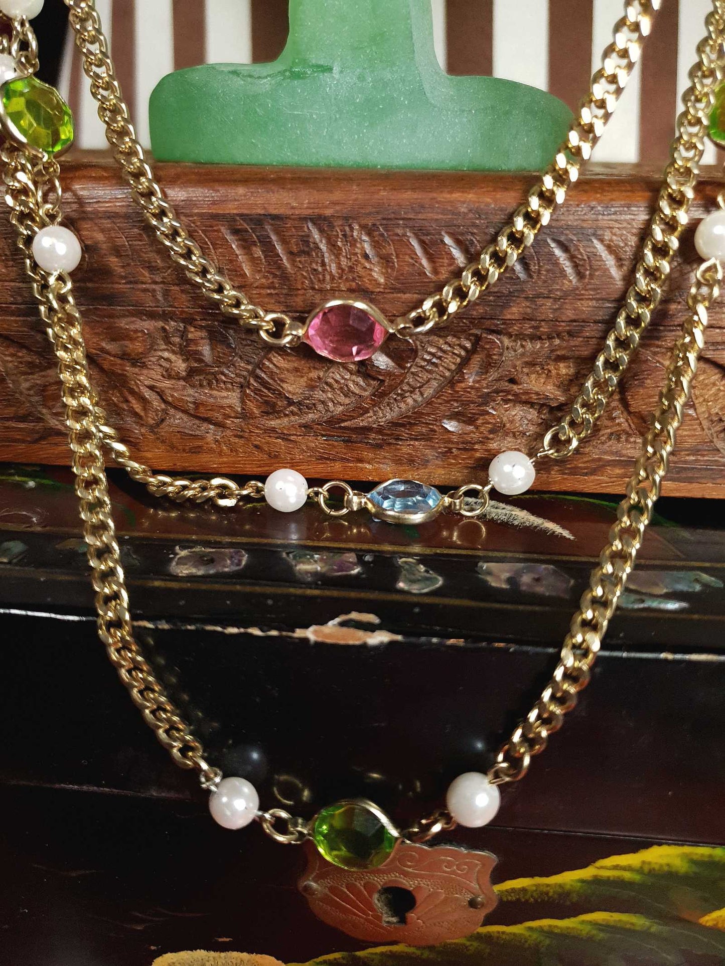 Vintage 1960s Crystal Necklace Pearl Three Tier Layered Gold Tone Curb Chain