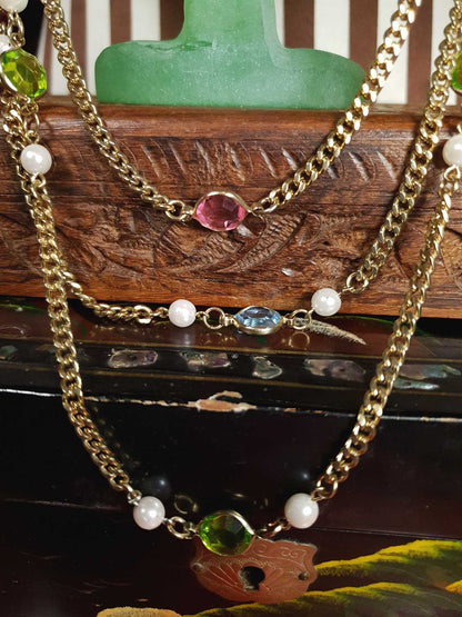 Vintage 1960s Crystal Necklace Pearl Three Tier Layered Gold Tone Curb Chain