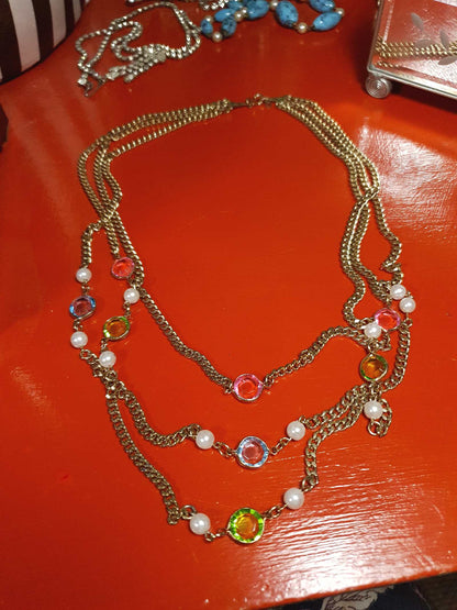 Vintage 1960s Crystal Necklace Pearl Three Tier Layered Gold Tone Curb Chain
