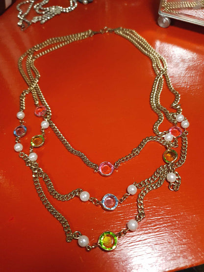 Vintage 1960s Crystal Necklace Pearl Three Tier Layered Gold Tone Curb Chain