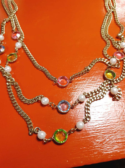 Vintage 1960s Crystal Necklace Pearl Three Tier Layered Gold Tone Curb Chain