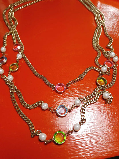 Vintage 1960s Crystal Necklace Pearl Three Tier Layered Gold Tone Curb Chain