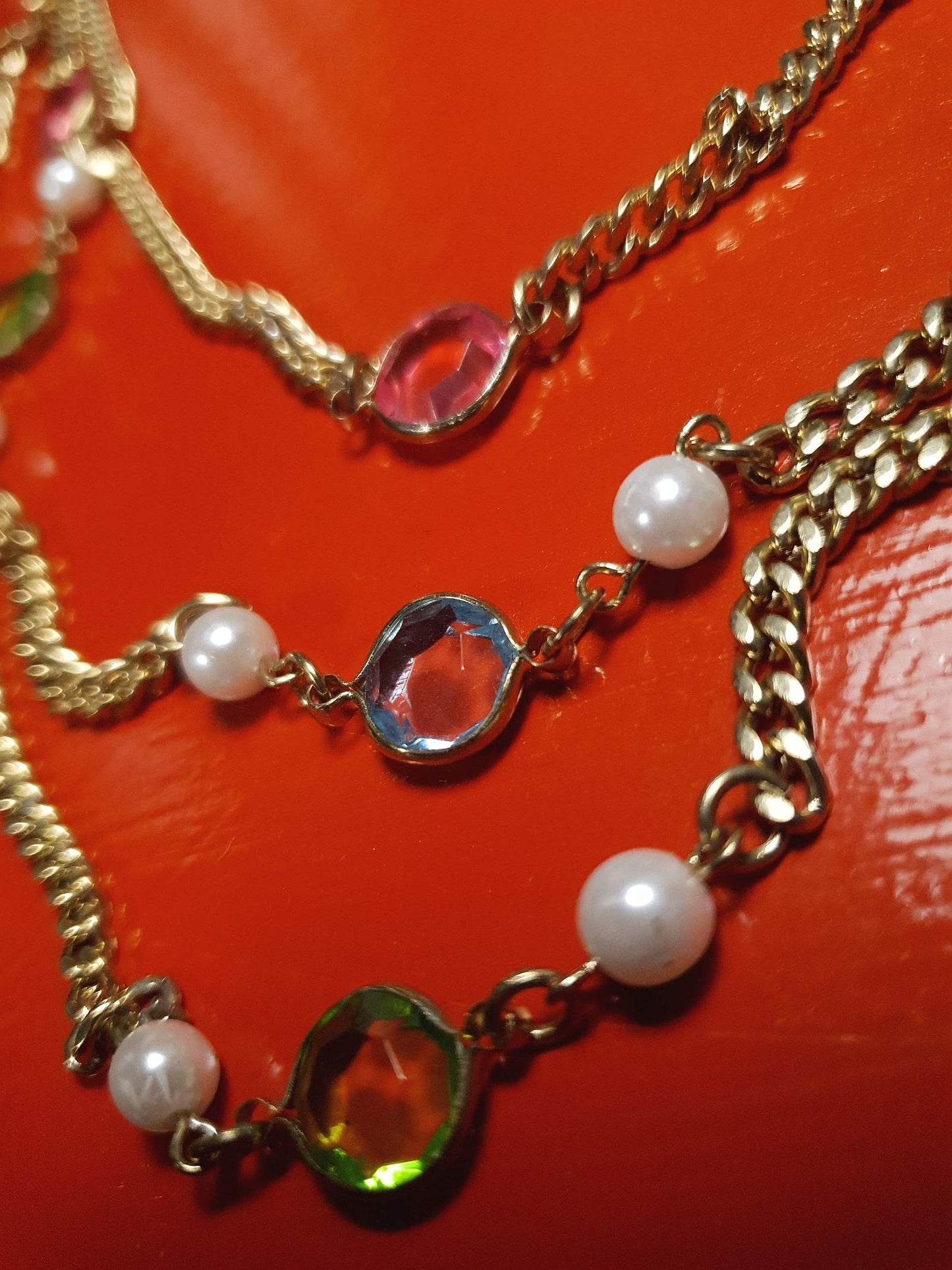Vintage 1960s Crystal Necklace Pearl Three Tier Layered Gold Tone Curb Chain
