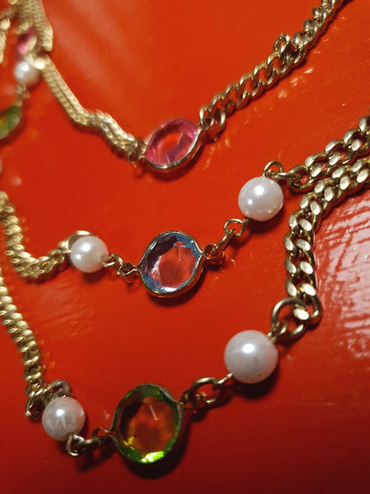 Vintage 1960s Crystal Necklace Pearl Three Tier Layered Gold Tone Curb Chain