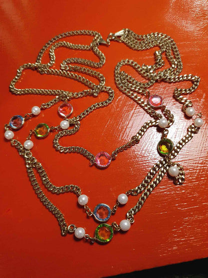 Vintage 1960s Crystal Necklace Pearl Three Tier Layered Gold Tone Curb Chain