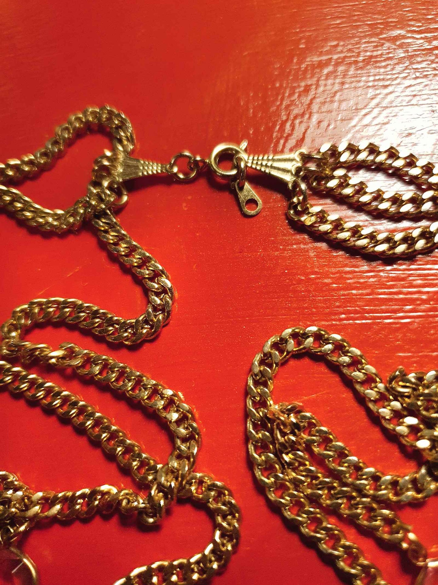 Vintage 1960s Crystal Necklace Pearl Three Tier Layered Gold Tone Curb Chain