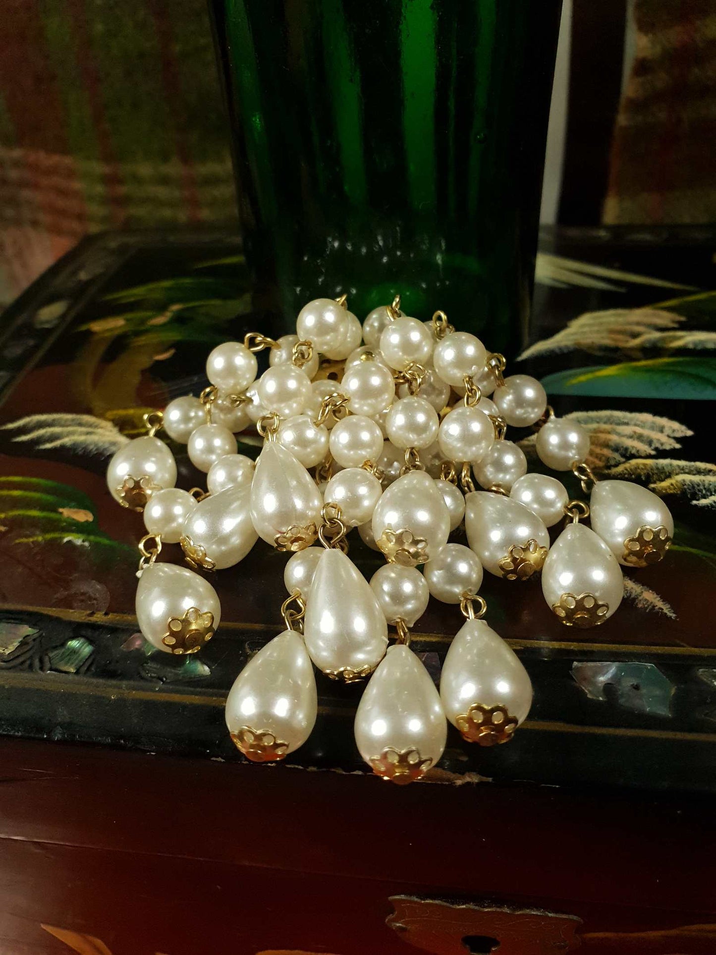 Vintage 1960s White Faux Pearl Chandelier Brooch Cascading Waterfall Gold Tone Pin