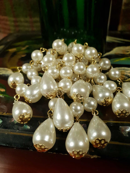 Vintage 1960s White Faux Pearl Chandelier Brooch Cascading Waterfall Gold Tone Pin