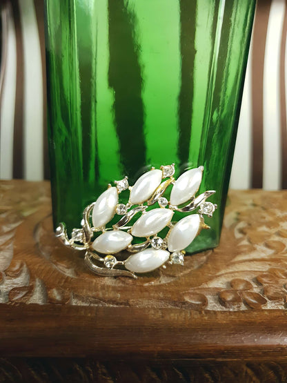 Vintage 1960s Faux Pearl Leaf Brooch Rhinestone Retro