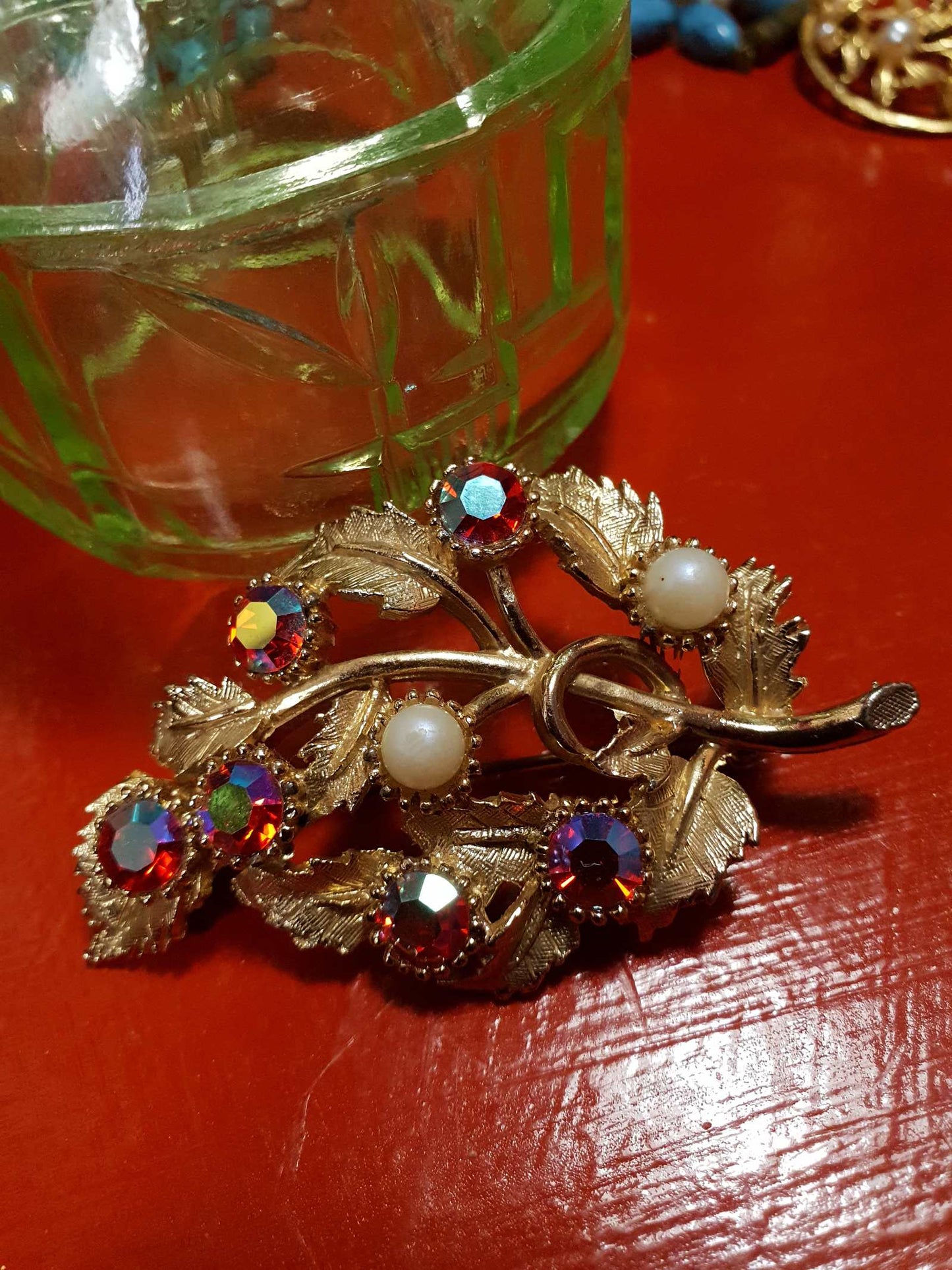 Vintage 1960s Red Rhinestone Brooch AB English Faux Pearl Aurora Borealis Gold Tone Leaf