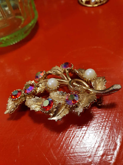 Vintage 1960s Red Rhinestone Brooch AB English Faux Pearl Aurora Borealis Gold Tone Leaf