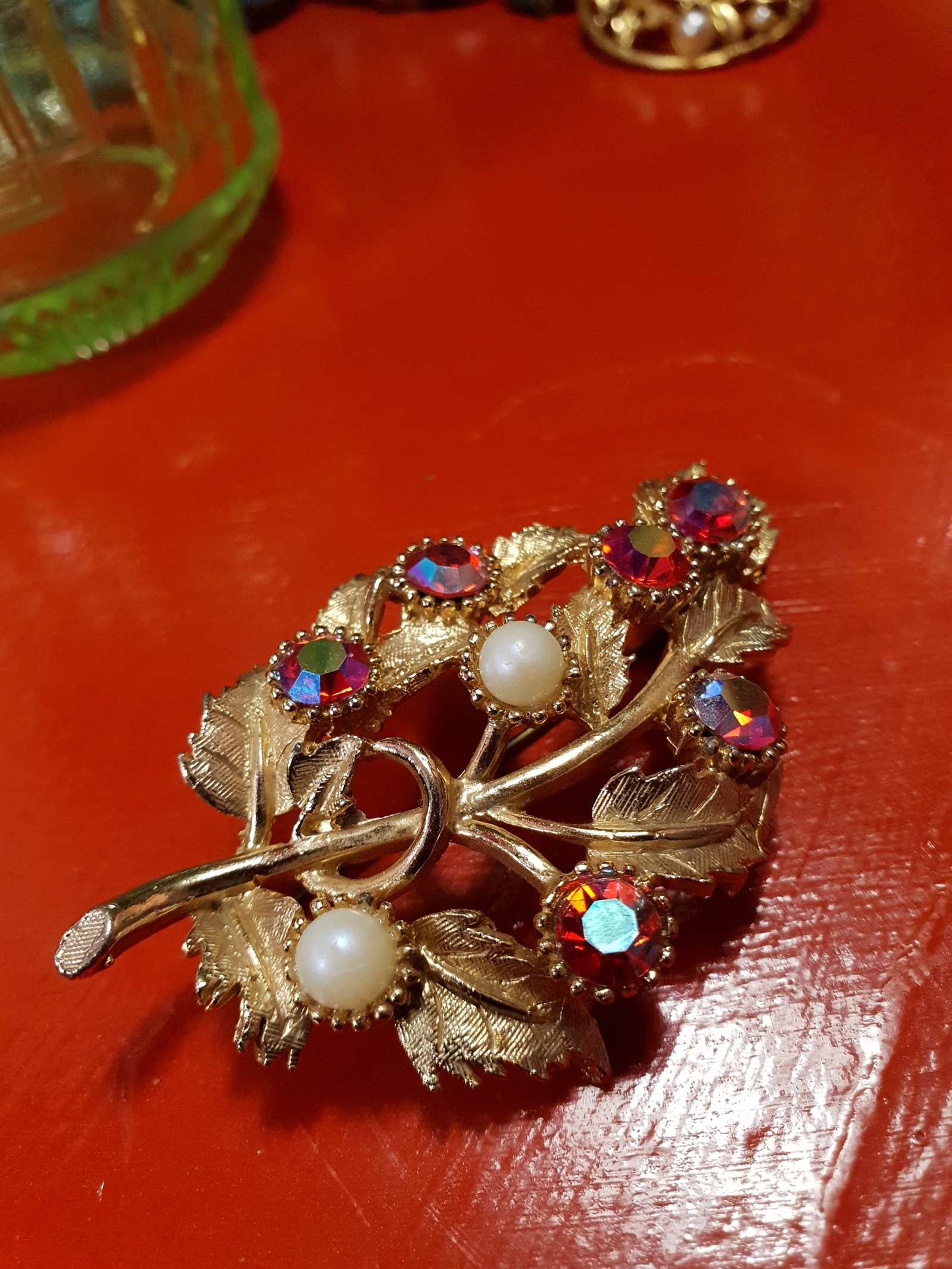 Vintage 1960s Red Rhinestone Brooch AB English Faux Pearl Aurora Borealis Gold Tone Leaf
