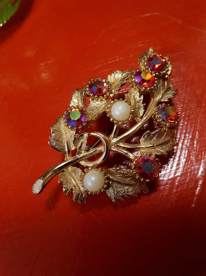 Vintage 1960s Red Rhinestone Brooch AB English Faux Pearl Aurora Borealis Gold Tone Leaf