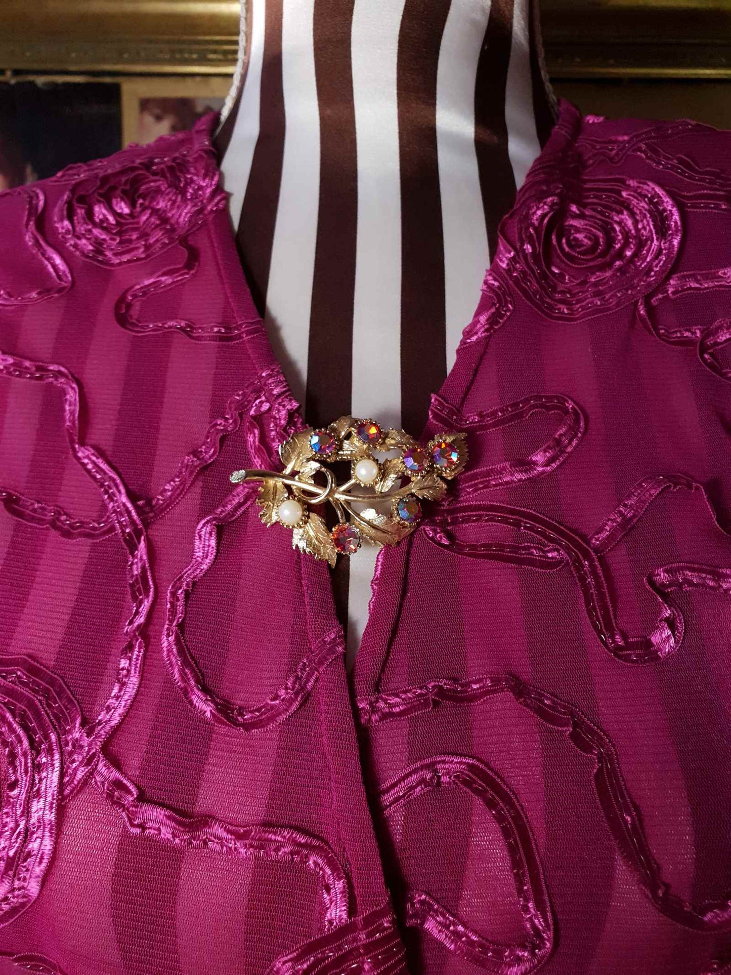Vintage 1960s Red Rhinestone Brooch AB English Faux Pearl Aurora Borealis Gold Tone Leaf