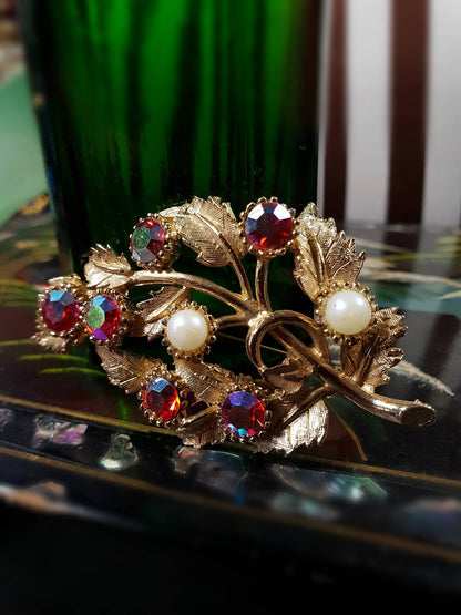 Vintage 1960s Red Rhinestone Brooch AB English Faux Pearl Aurora Borealis Gold Tone Leaf