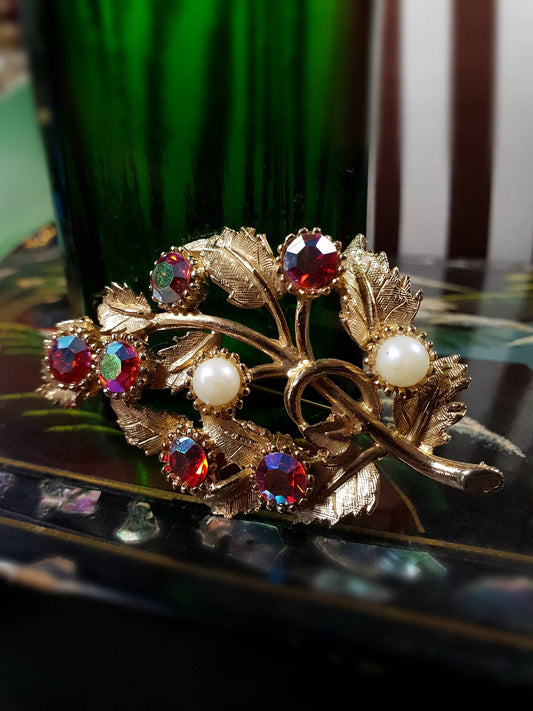 Vintage 1960s Red Rhinestone Brooch AB English Faux Pearl Aurora Borealis Gold Tone Leaf