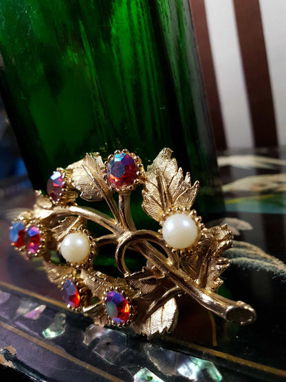Vintage 1960s Red Rhinestone Brooch AB English Faux Pearl Aurora Borealis Gold Tone Leaf