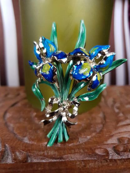 Vintage 1960s Large Iris Brooch Bouquet Enamel Blue Green English - Signed Exquisite