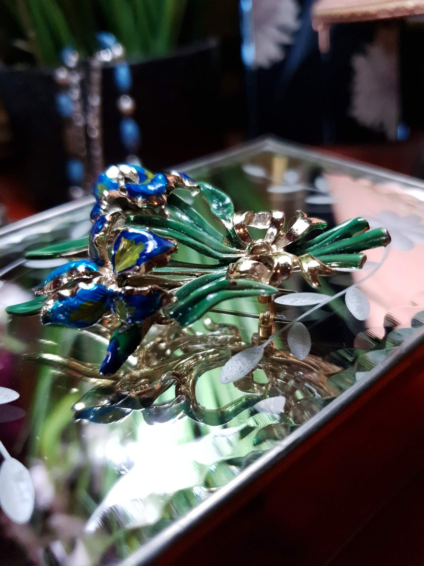 Vintage 1960s Large Iris Brooch Bouquet Enamel Blue Green English - Signed Exquisite
