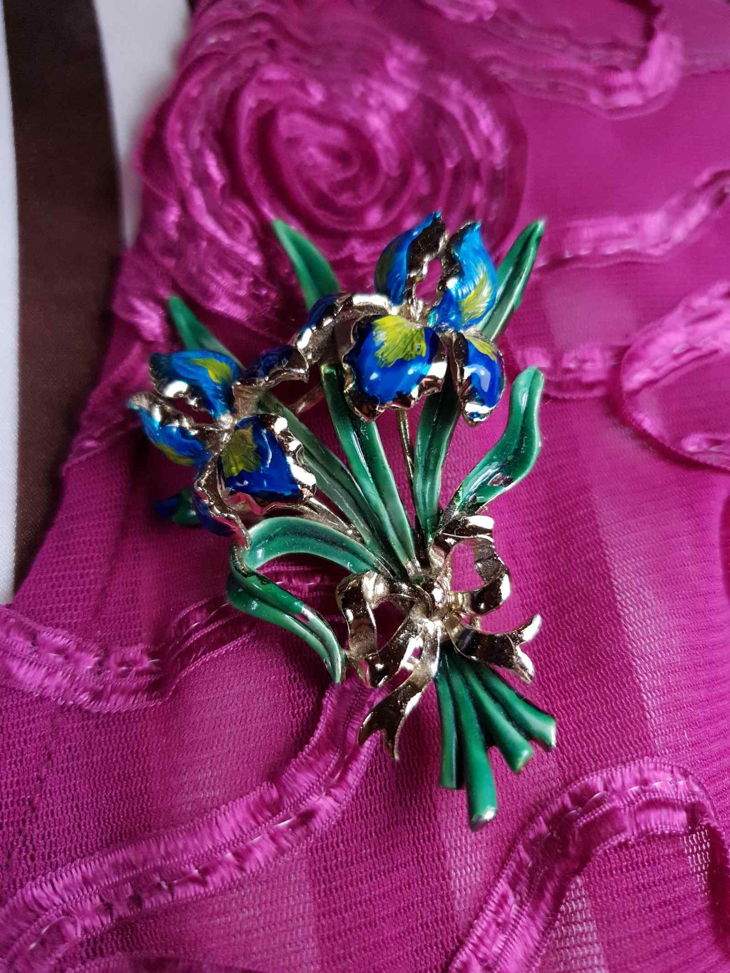 Vintage 1960s Large Iris Brooch Bouquet Enamel Blue Green English - Signed Exquisite
