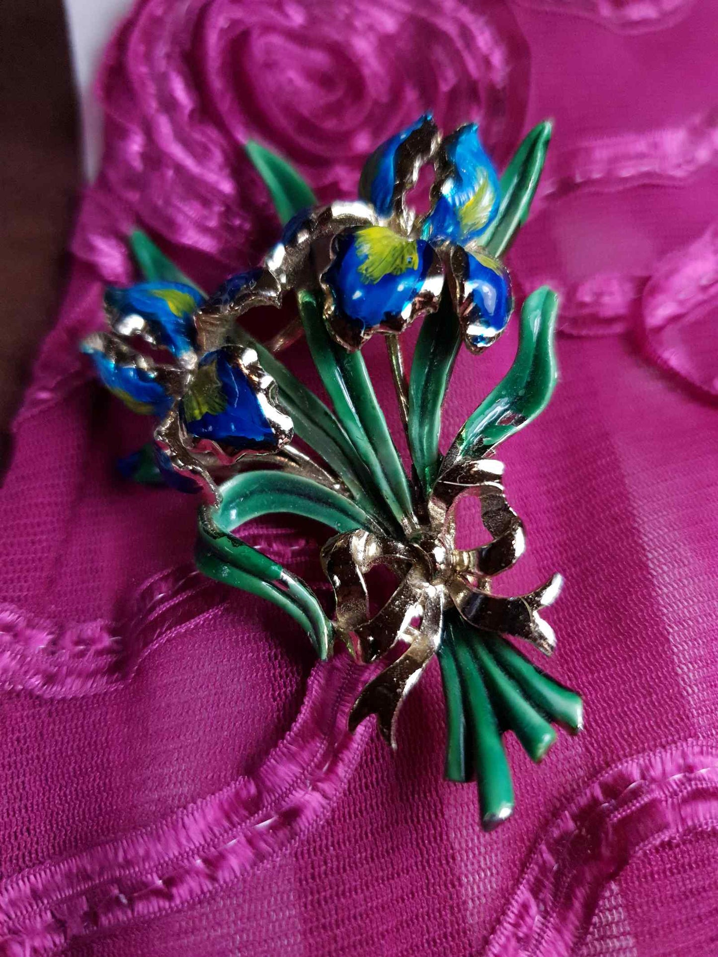 Vintage 1960s Large Iris Brooch Bouquet Enamel Blue Green English - Signed Exquisite