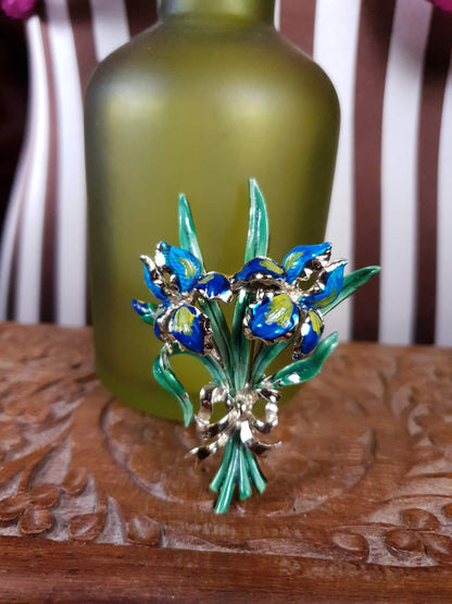 Vintage 1960s Large Iris Brooch Bouquet Enamel Blue Green English - Signed Exquisite