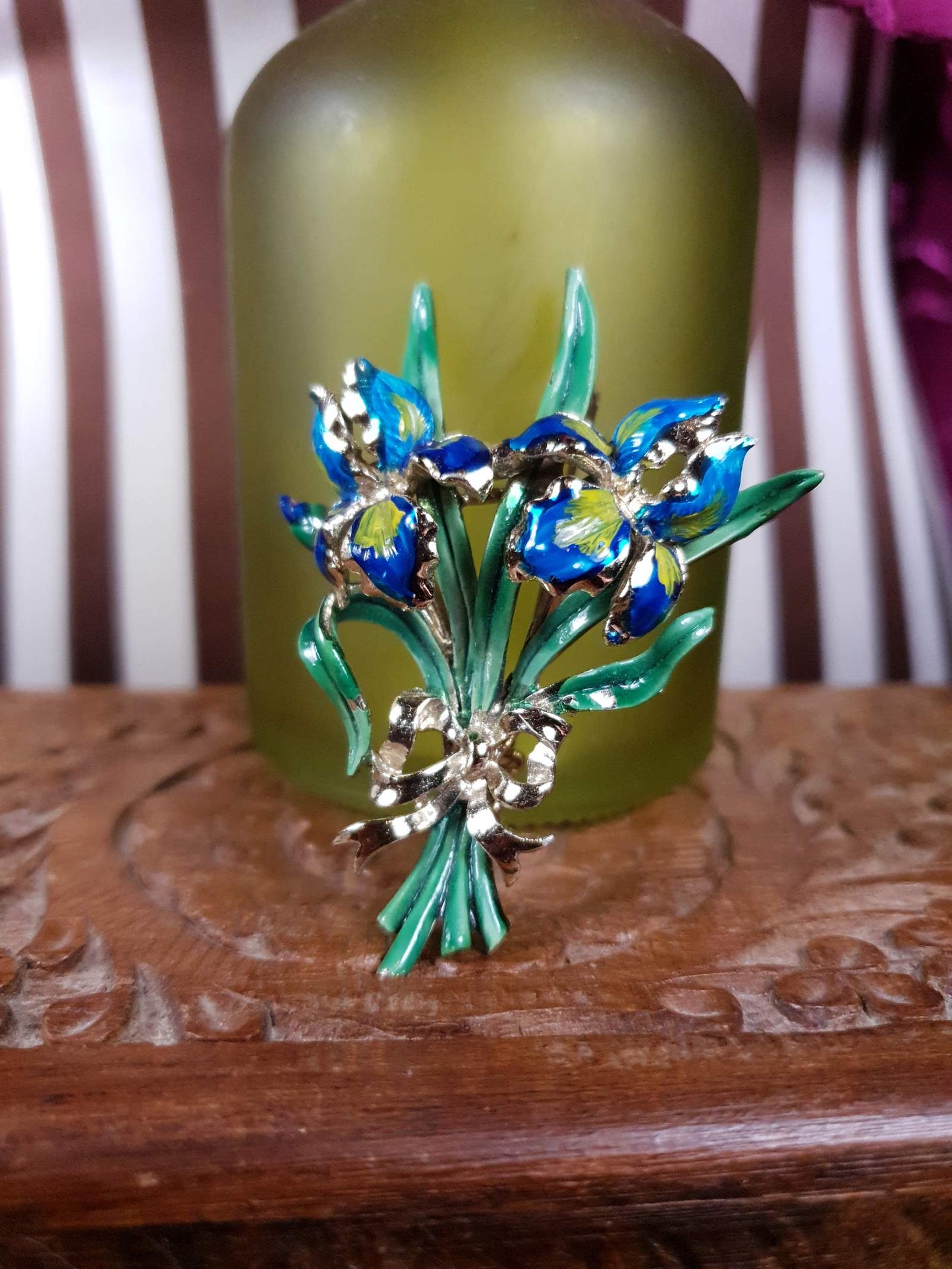 Vintage 1960s Large Iris Brooch Bouquet Enamel Blue Green English - Signed Exquisite