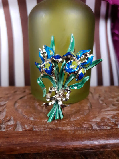 Vintage 1960s Large Iris Brooch Bouquet Enamel Blue Green English - Signed Exquisite