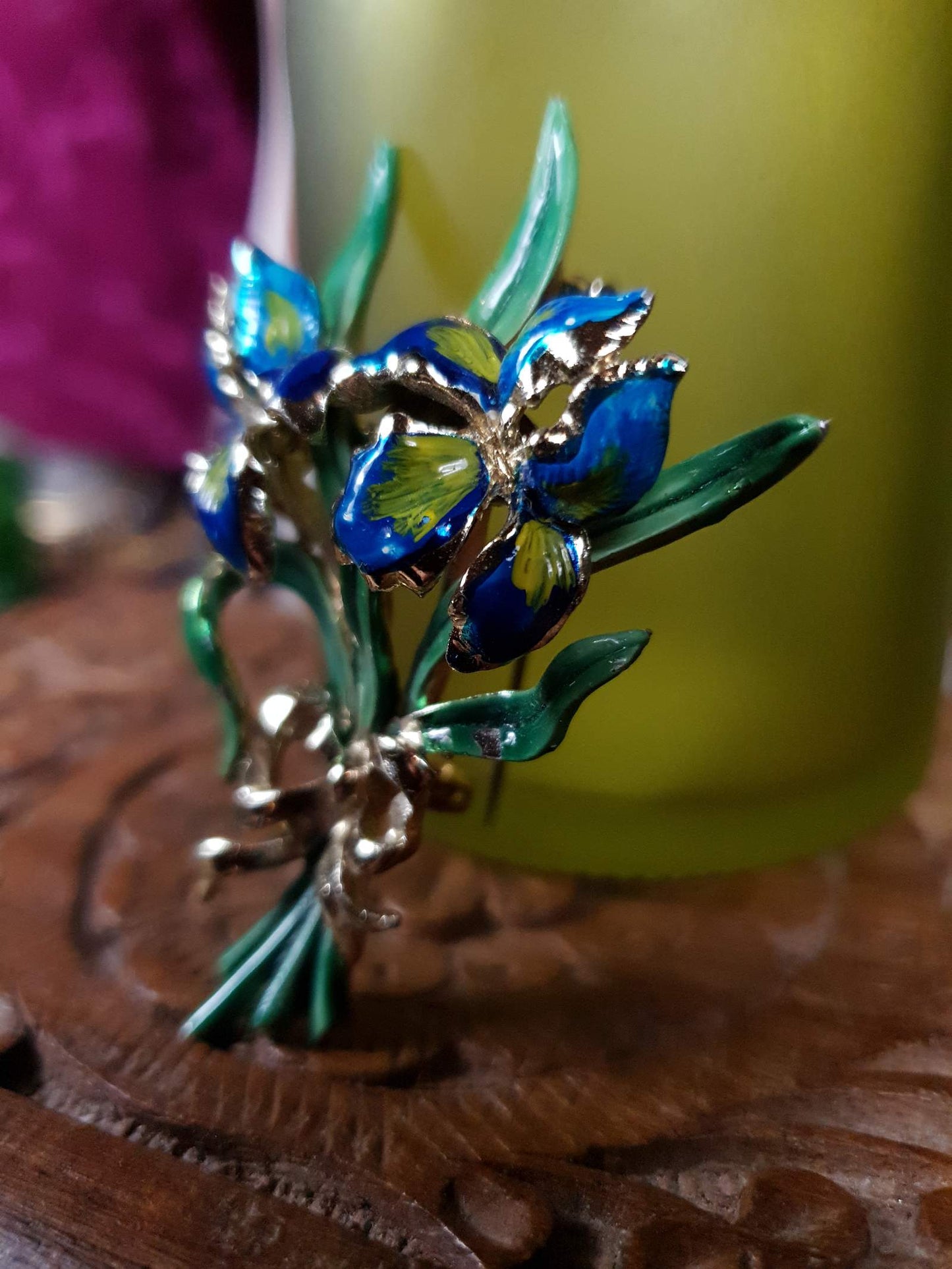 Vintage 1960s Large Iris Brooch Bouquet Enamel Blue Green English - Signed Exquisite