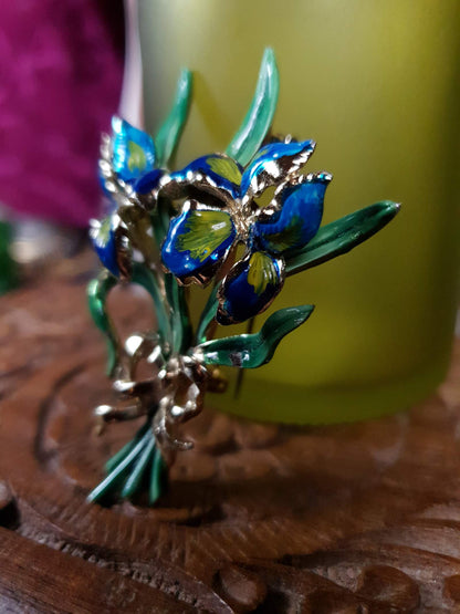 Vintage 1960s Large Iris Brooch Bouquet Enamel Blue Green English - Signed Exquisite