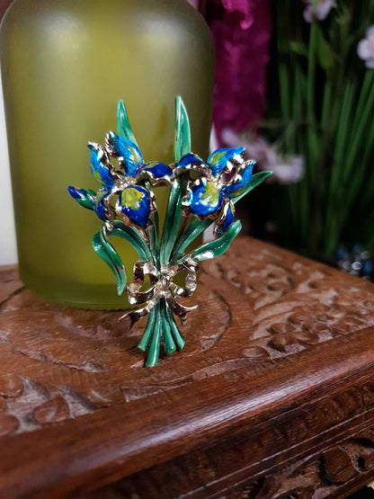 Vintage 1960s Large Iris Brooch Bouquet Enamel Blue Green English - Signed Exquisite