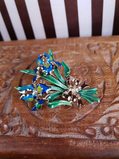 Vintage 1960s Large Iris Brooch Bouquet Enamel Blue Green English - Signed Exquisite