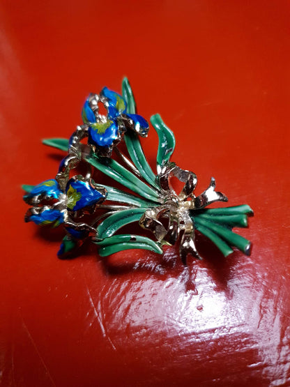 Vintage 1960s Large Iris Brooch Bouquet Enamel Blue Green English - Signed Exquisite