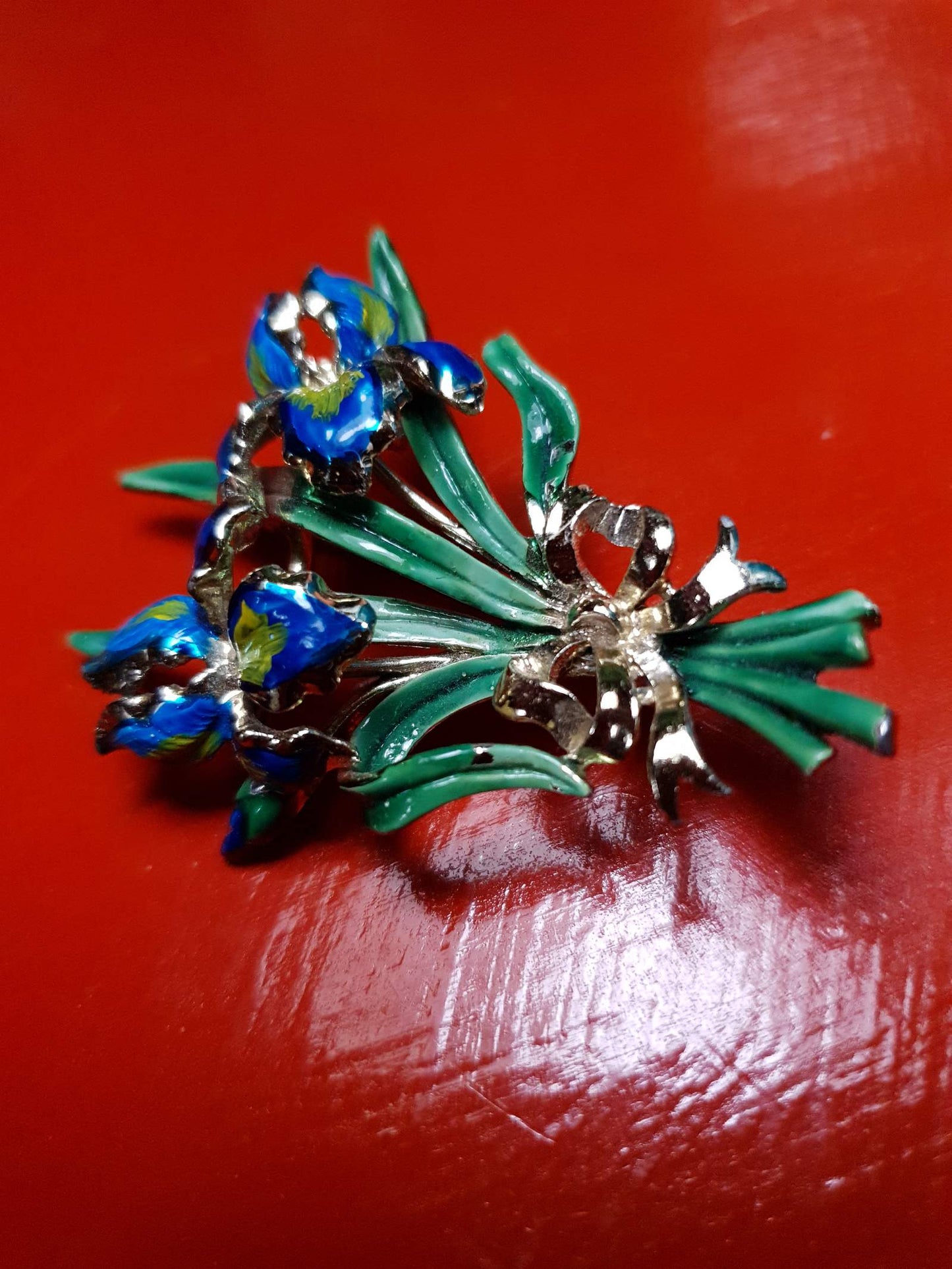 Vintage 1960s Large Iris Brooch Bouquet Enamel Blue Green English - Signed Exquisite