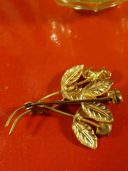 Vintage 1960s Leaf Rhinestone Brooch Pin Red Pink Gold Tone 60s Diamante