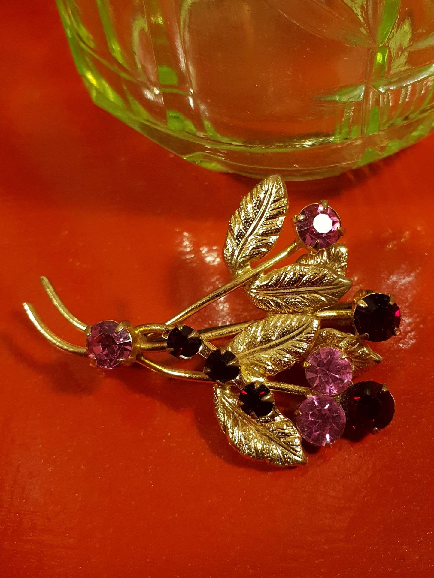 Vintage 1960s Leaf Rhinestone Brooch Pin Red Pink Gold Tone 60s Diamante