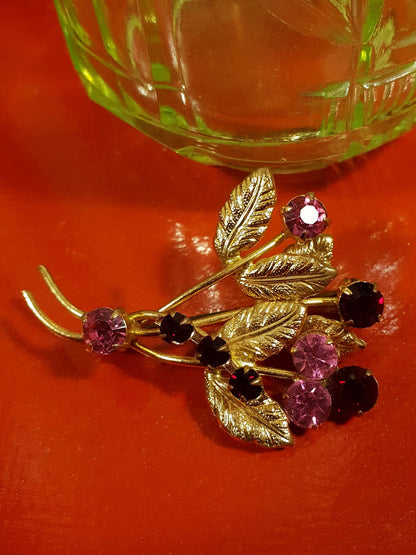 Vintage 1960s Leaf Rhinestone Brooch Pin Red Pink Gold Tone 60s Diamante