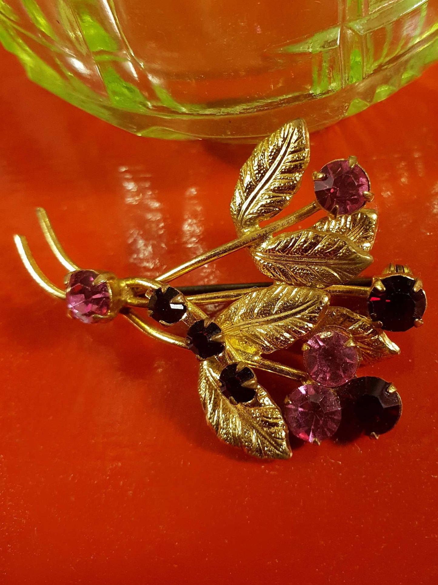 Vintage 1960s Leaf Rhinestone Brooch Pin Red Pink Gold Tone 60s Diamante