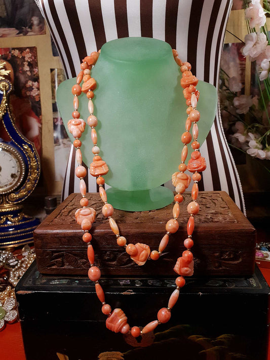 Vintage 1960s Orange Buddha Necklace Bohemian 51" Long Marbled Resin Gold Tone