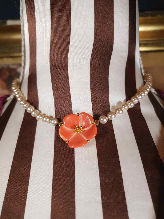 Vintage 1960s Pearl Necklace Choker Orange Flower Pendant Floral