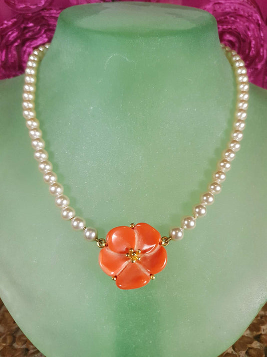 Vintage 1960s Pearl Necklace Choker Orange Flower Pendant Floral