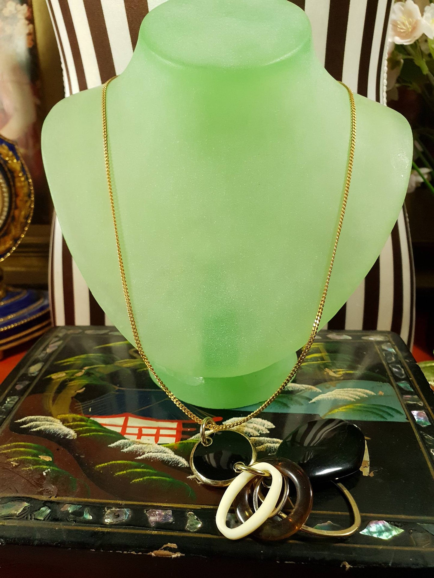 Vintage 1960s Mod Necklace Pendant Gold Tone 20" Black and White Retro
