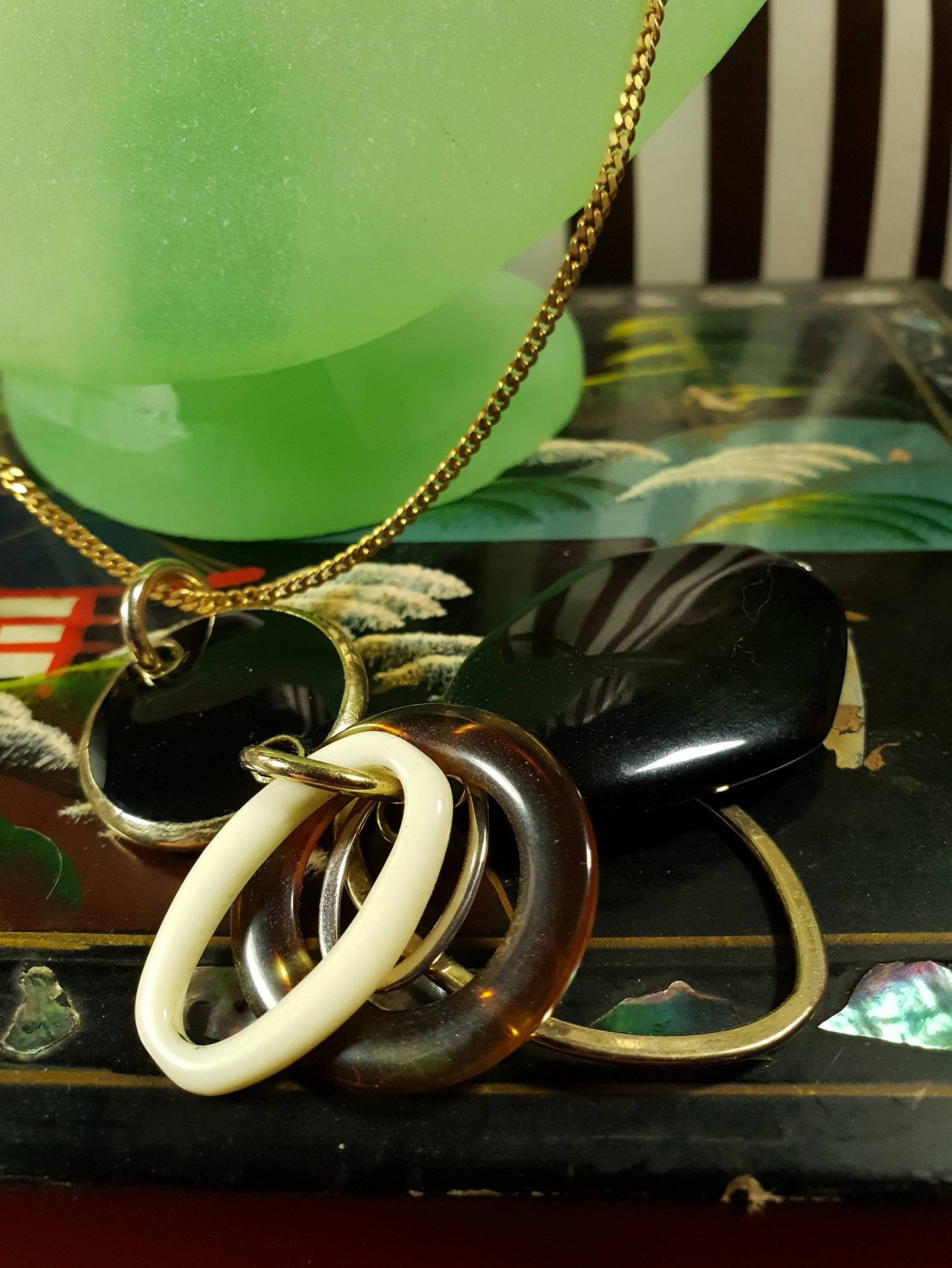 Vintage 1960s Mod Necklace Pendant Gold Tone 20" Black and White Retro