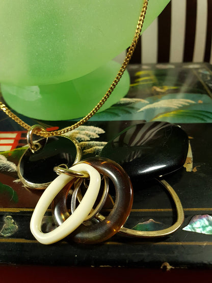 Vintage 1960s Mod Necklace Pendant Gold Tone 20" Black and White Retro