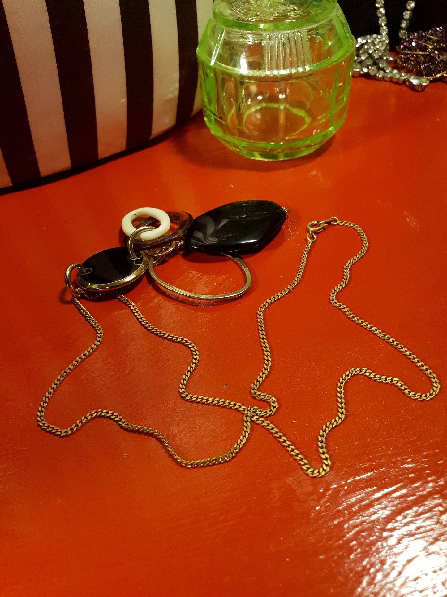 Vintage 1960s Mod Necklace Pendant Gold Tone 20" Black and White Retro