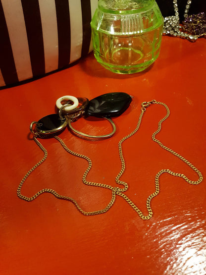 Vintage 1960s Mod Necklace Pendant Gold Tone 20" Black and White Retro