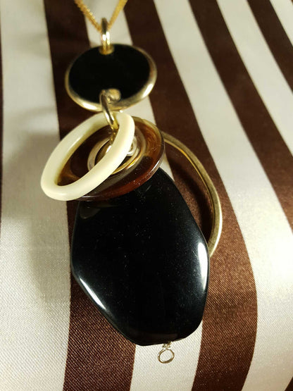 Vintage 1960s Mod Necklace Pendant Gold Tone 20" Black and White Retro