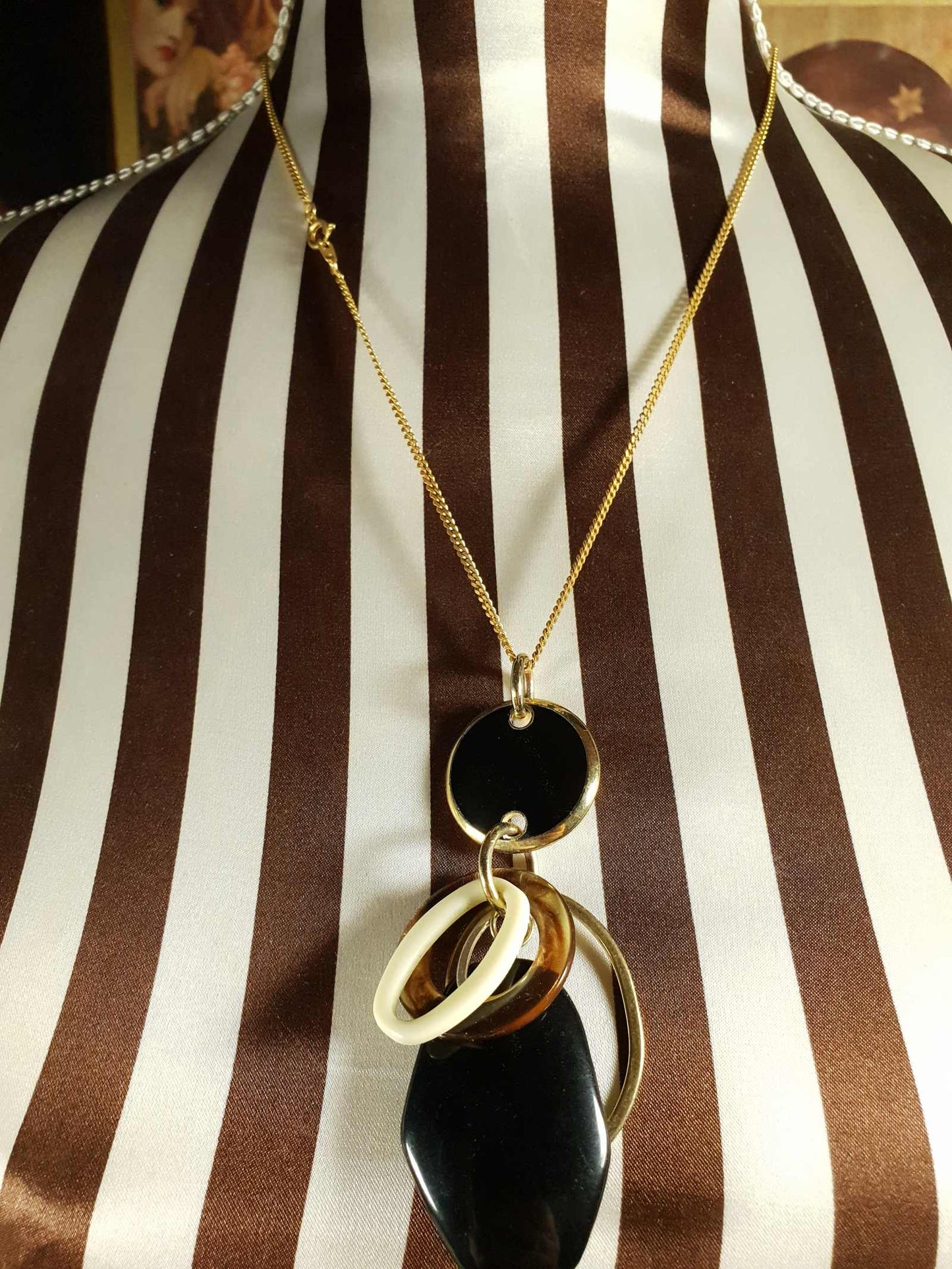 Vintage 1960s Mod Necklace Pendant Gold Tone 20" Black and White Retro
