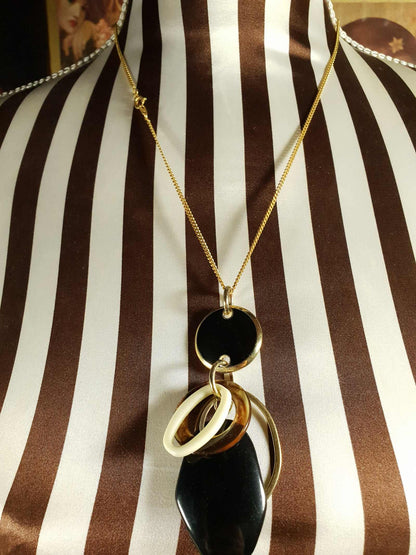 Vintage 1960s Mod Necklace Pendant Gold Tone 20" Black and White Retro