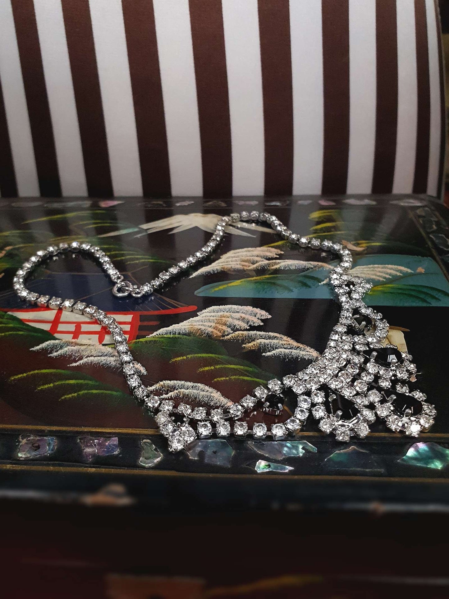 Vintage 1960s Rhinestone Necklace Choker 15" Clear Black